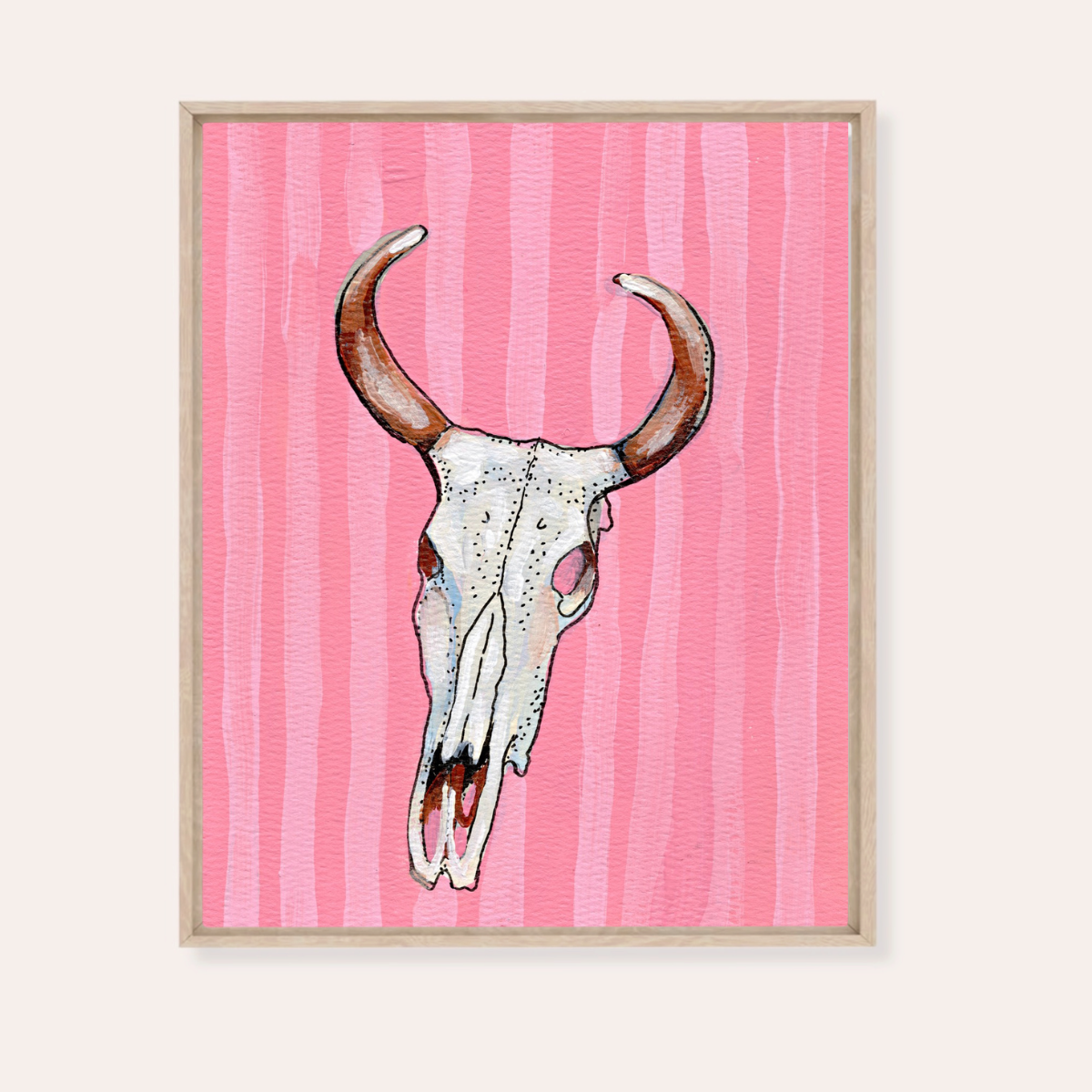 Pink Stripe Cow Skull Framed Fine Art Canvas Print
