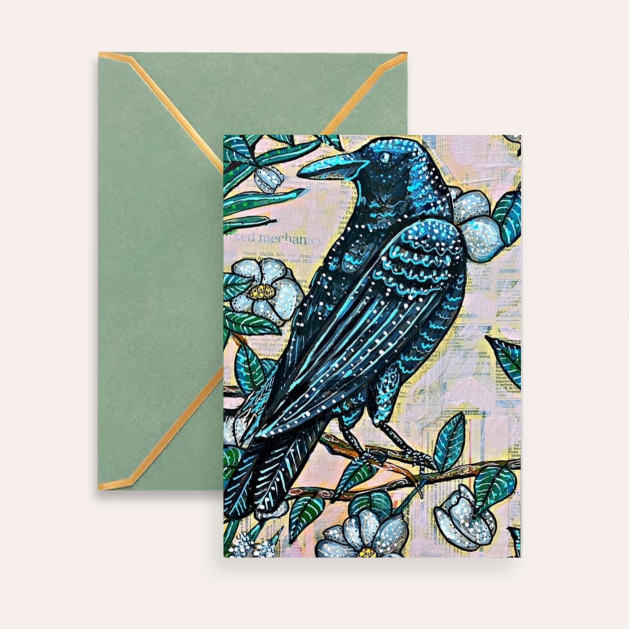 Vintage Floral Raven Fine Art Greeting Card