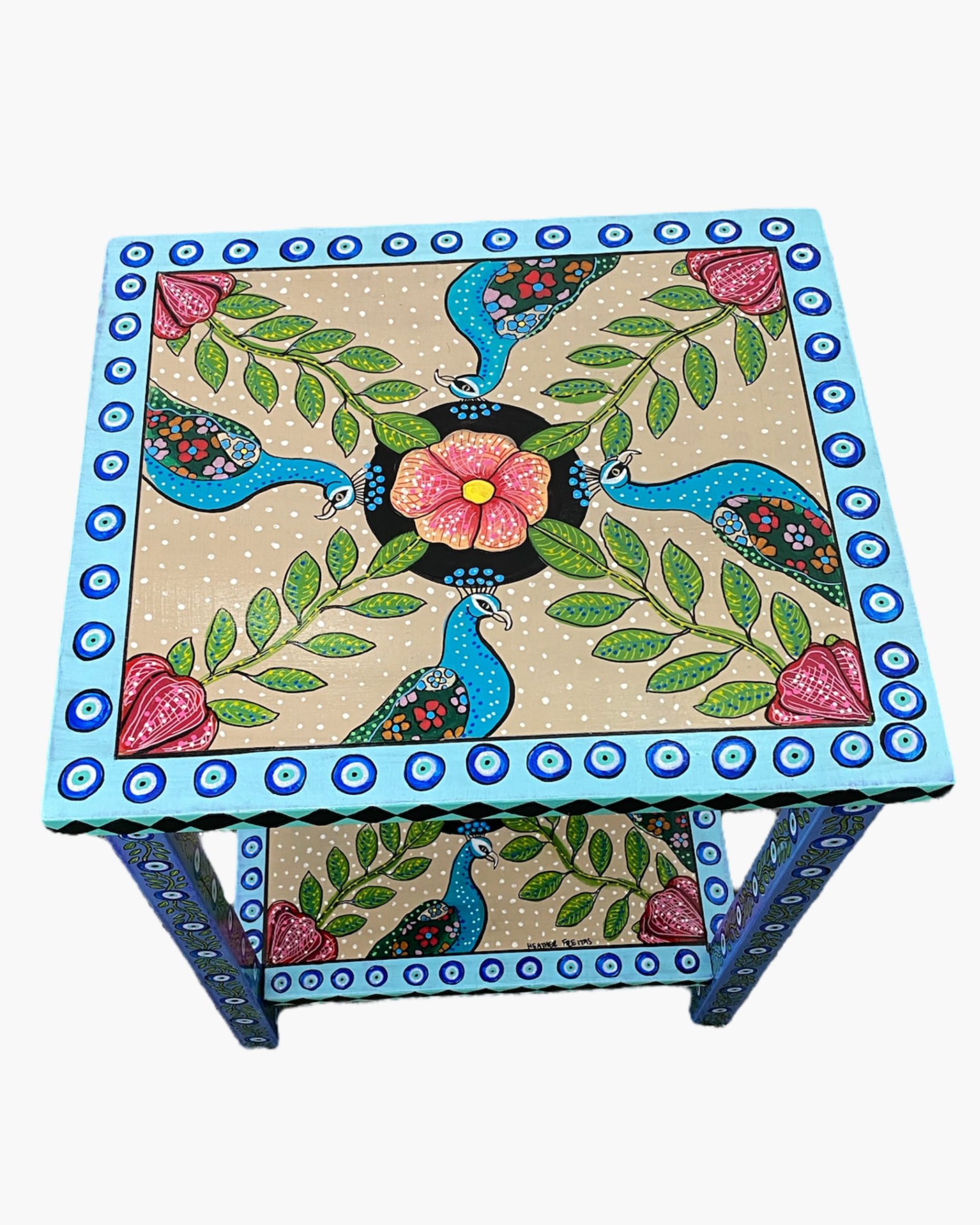 Evil Eye Peacock Hand Painter Accent Table