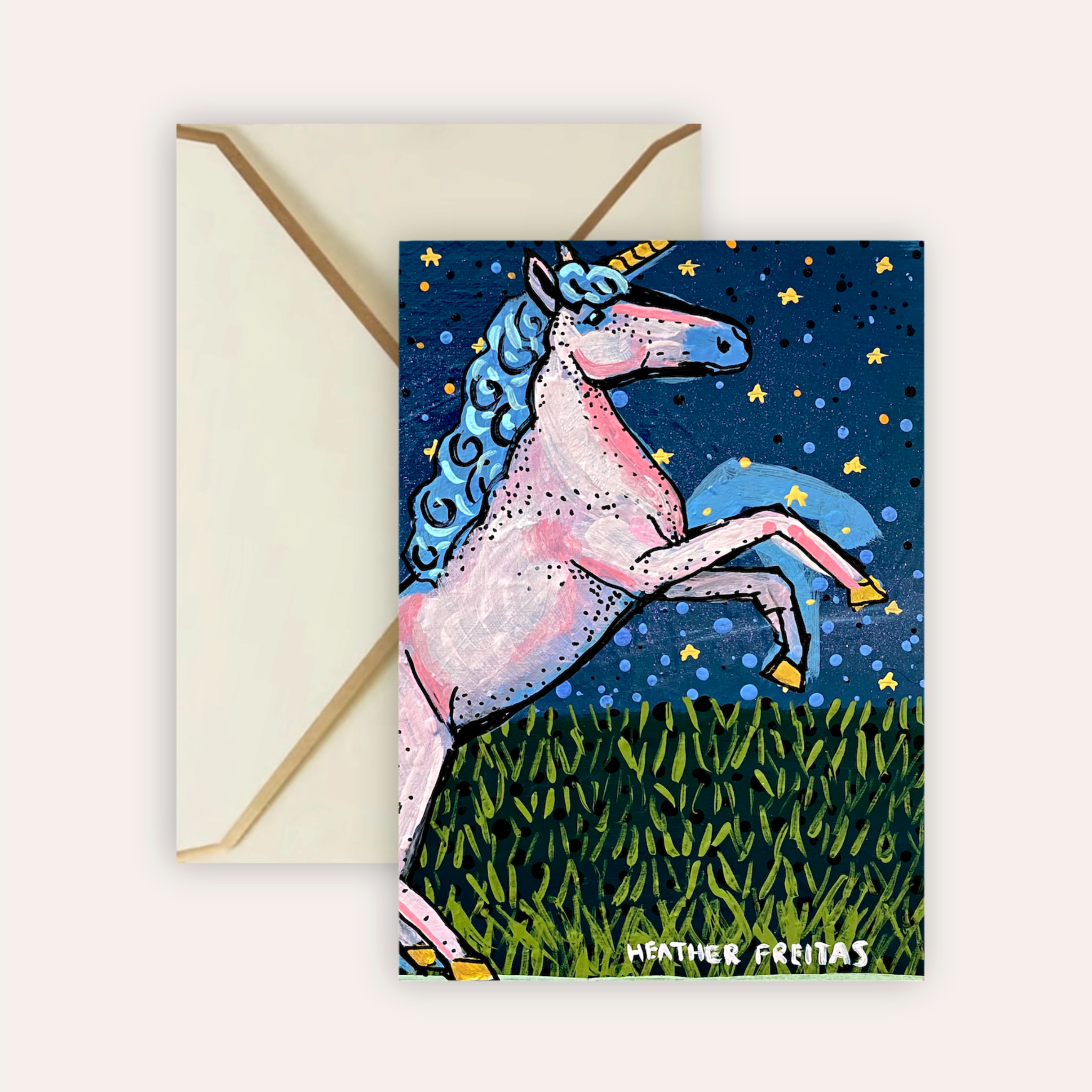 Pink Unicorn Starry Night Fine Art Greeting Card