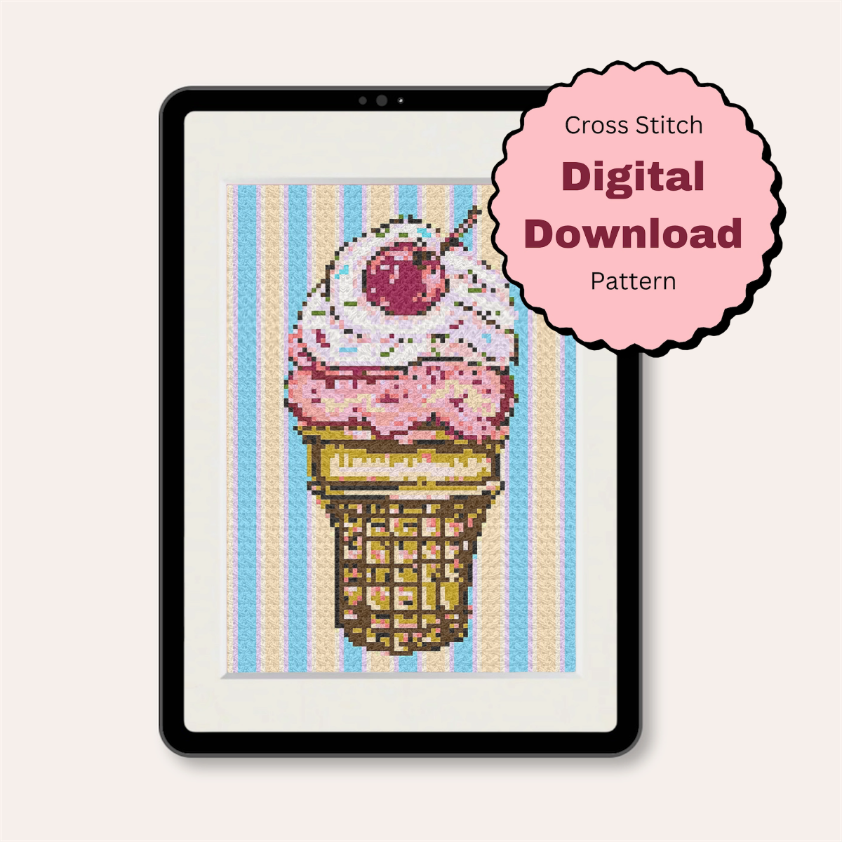 Strawberry Ice Cream Cone Counted Cross Stitch Pattern ( Digital Download )