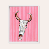 Pink Stripe Cow Skull Framed Fine Art Canvas Print