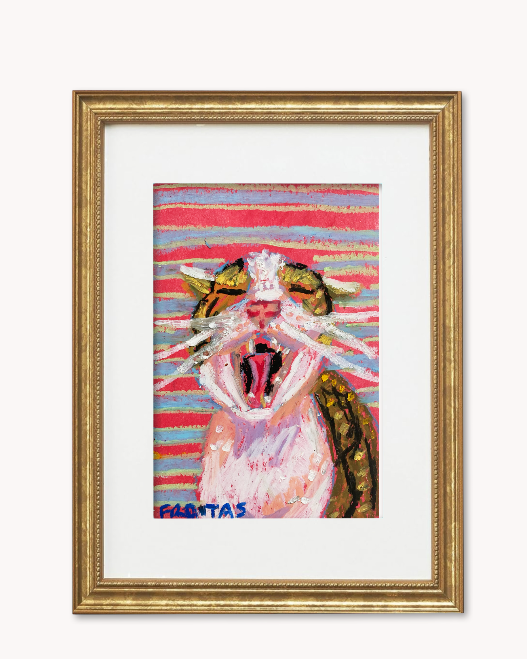 Big Yawn Cat ( Framed Original Oil Pastel Art )