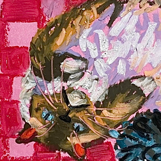Check Cat ( Framed Original Oil Pastel Art )