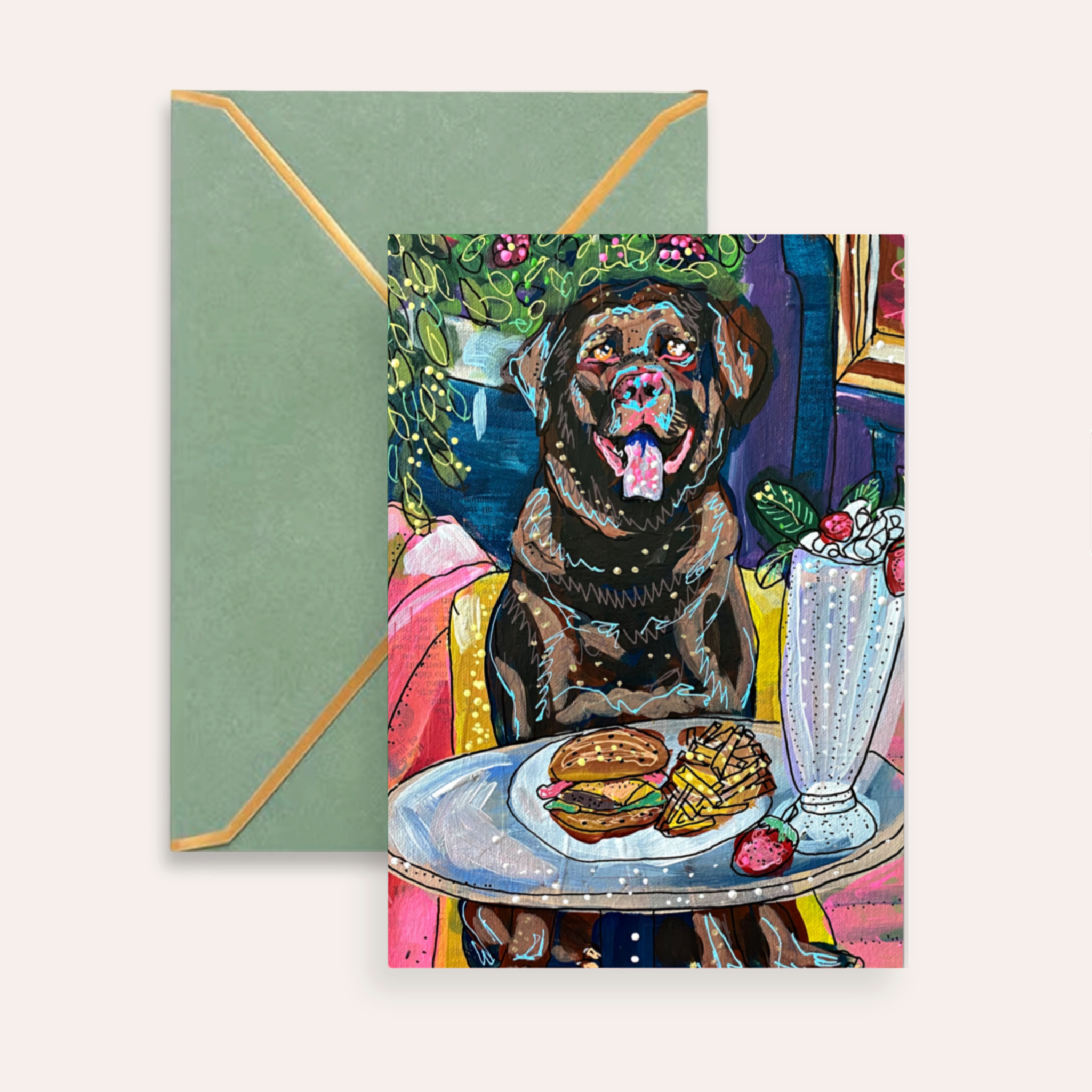 Chocolate Lab Dining Fine Art Greeting Card
