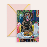 Chocolate Lab Dining Fine Art Greeting Card