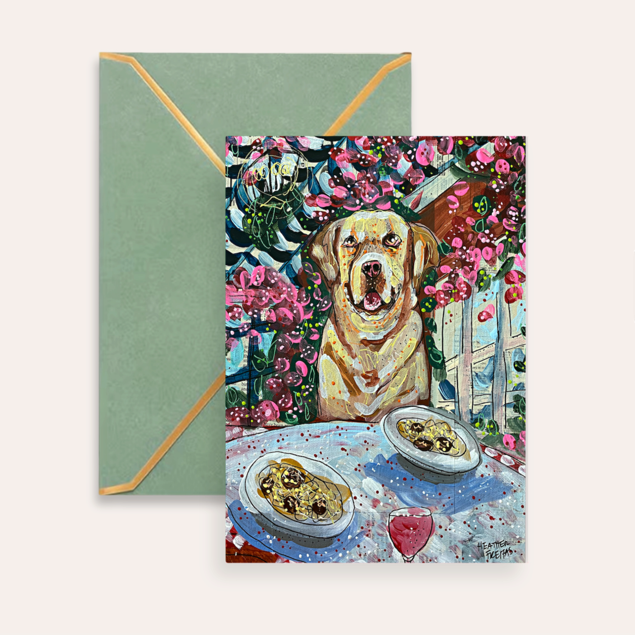 Yelllow Lab Dining Fine Art Greeting Card