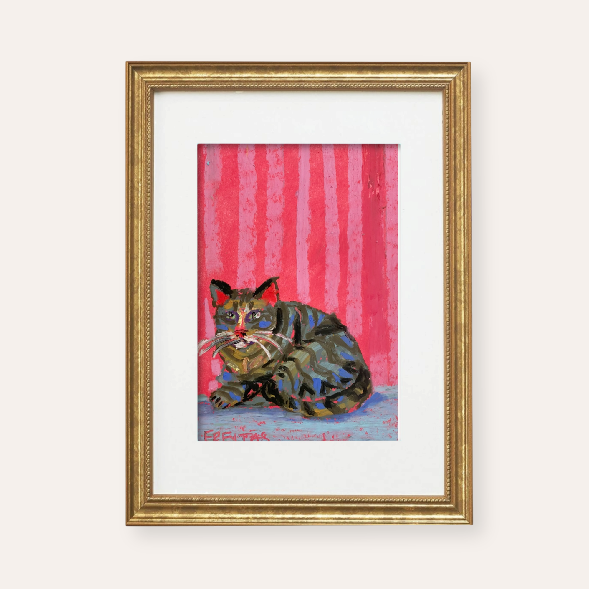Red Stripe Tabby Cat ( Framed Original Oil Pastel Art )