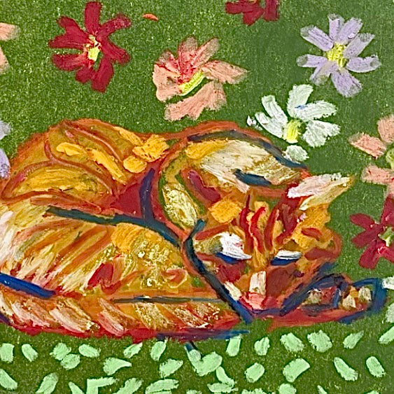 Tabby In Floral Field ( Does Not Come Framed )