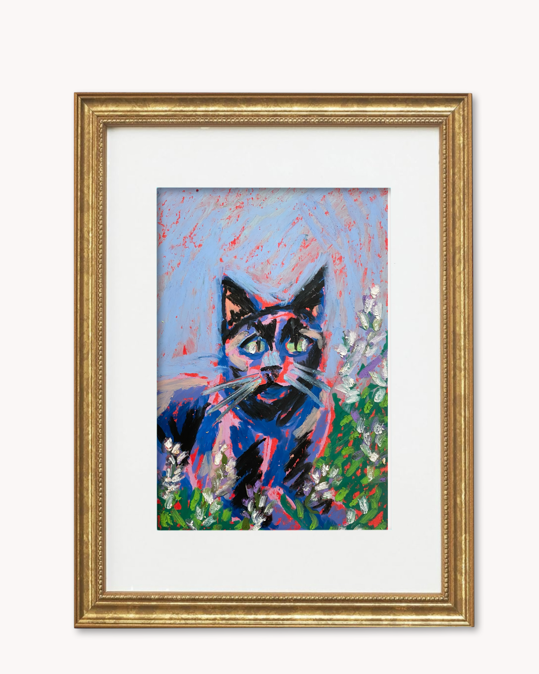 Lilac Cat ( Framed Original Oil Pastel Art )