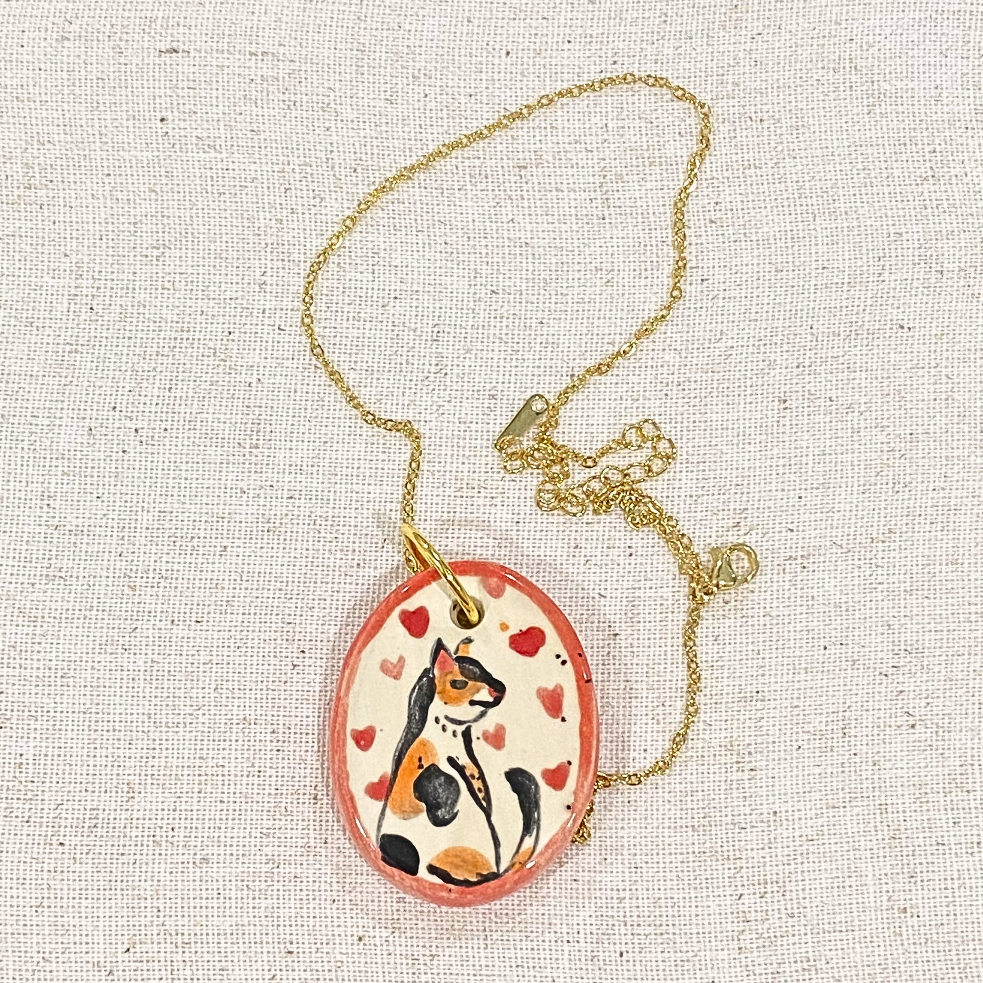 Calico Cat Hand Painted Ceramic Necklace