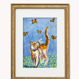 Orange Tabby & Monarchs ( Framed Original Oil Pastel Art )