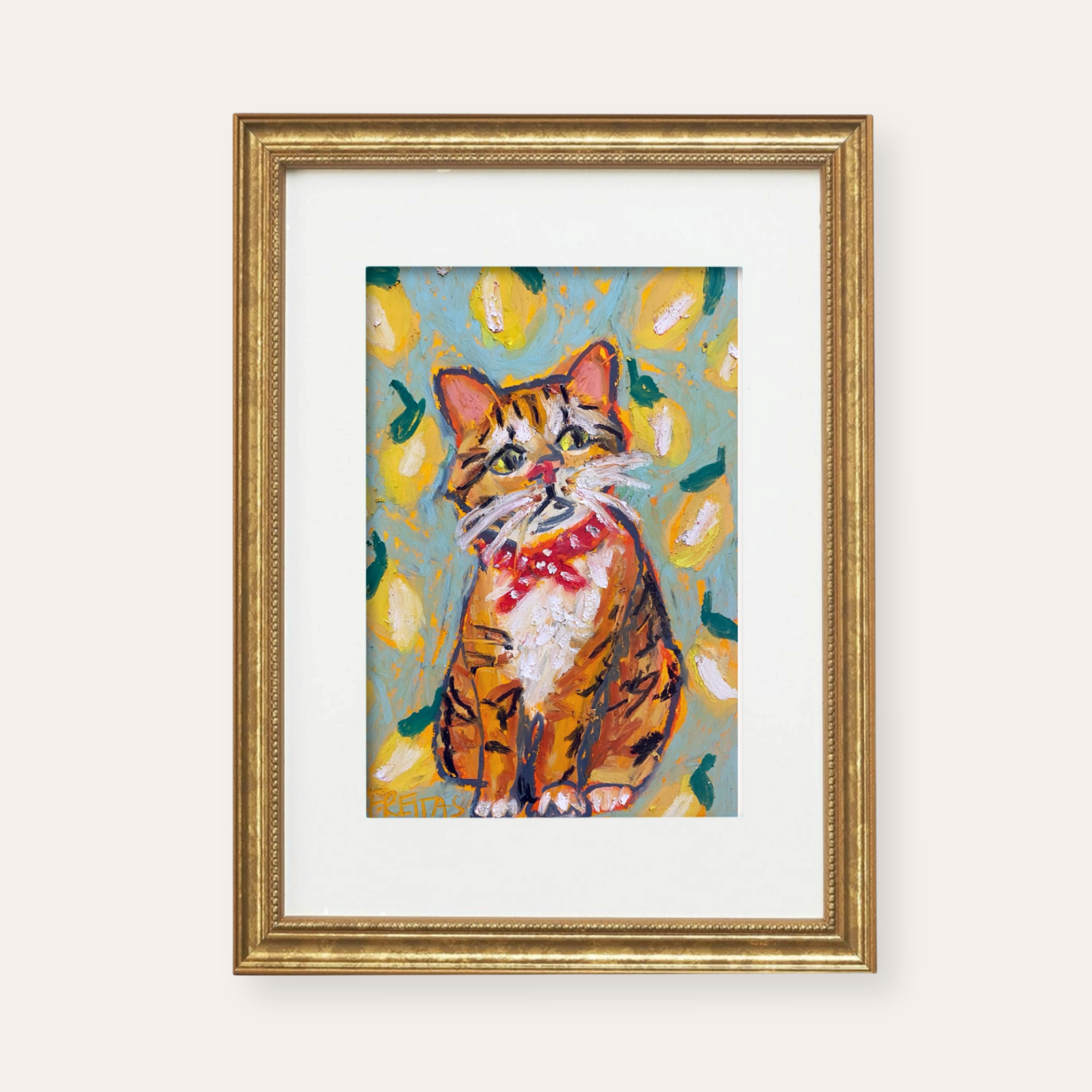When Life Gives You Lemons Cat ( Framed Original Oil Pastel Art )