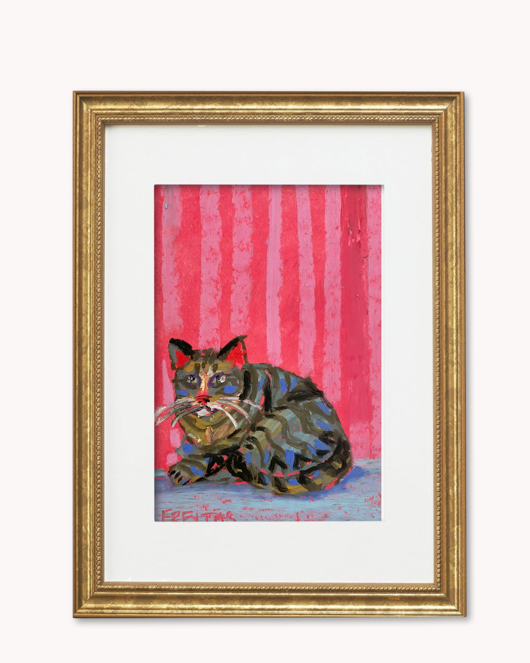 Red Stripe Tabby Cat ( Framed Original Oil Pastel Art )