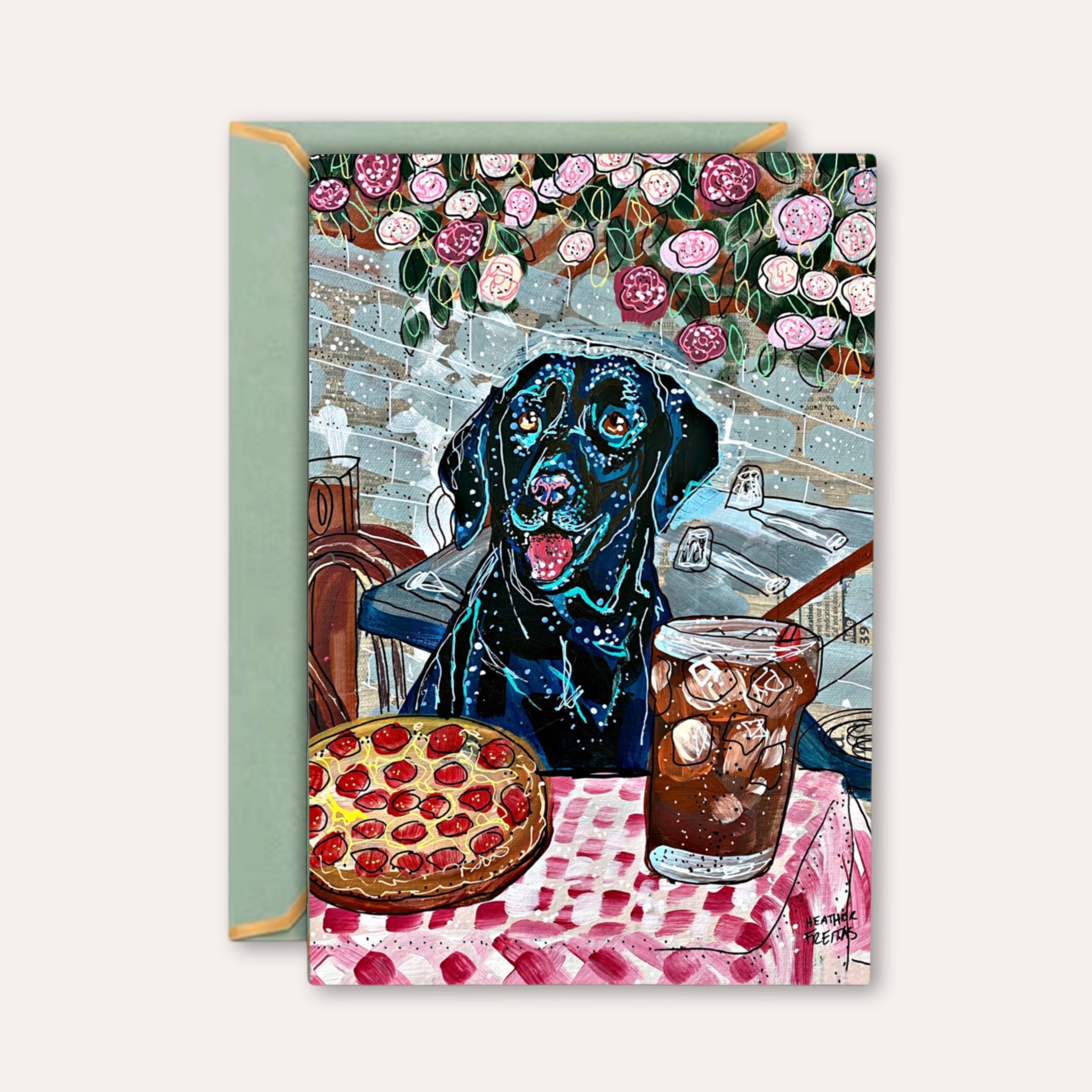 Black Labrador Dining - Greeting Card / Fine Art Print