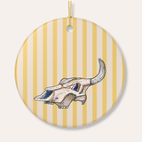 Yellow Stripe Cow Skull Ceramic Ornament