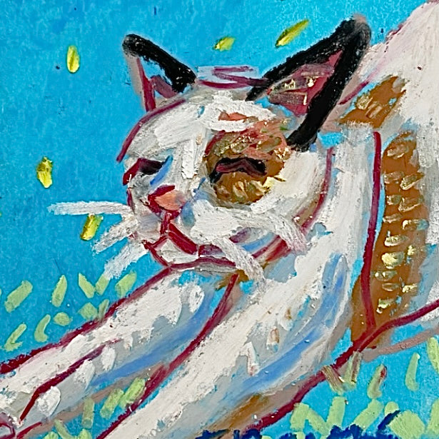 Stretching Cat ( Framed Original Oil Pastel Art )