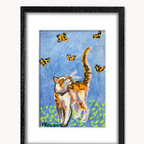 Orange Tabby & Monarchs ( Framed Original Oil Pastel Art )