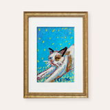 Stretching Cat ( Framed Original Oil Pastel )