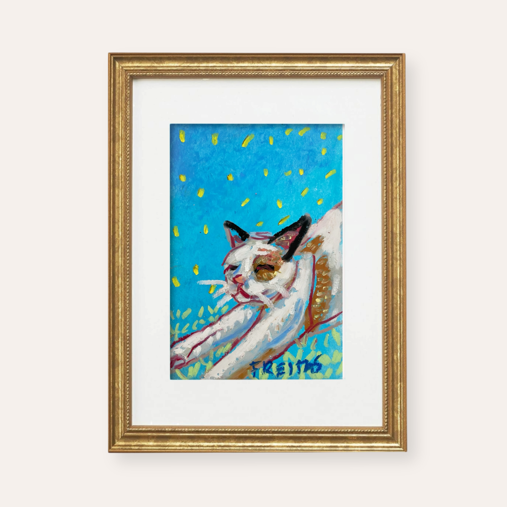 Stretching Cat ( Framed Original Oil Pastel Art )
