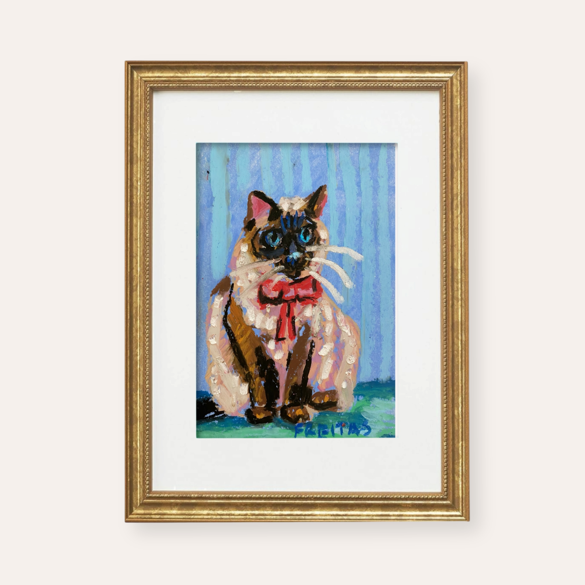Seal Point Cat ( Framed Original Oil Pastel Art )