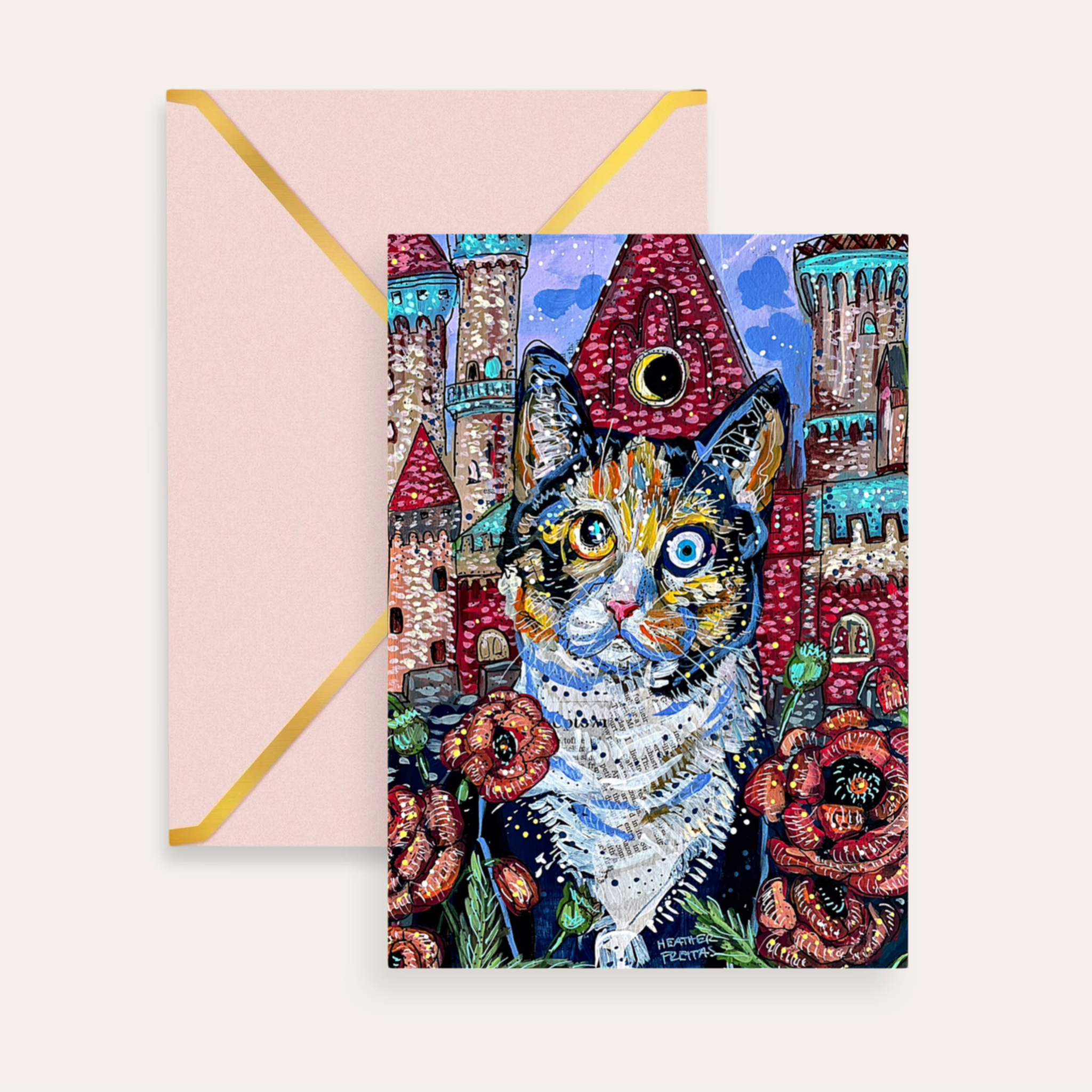 Poppy Castle Cat Fine Art Greeting Card