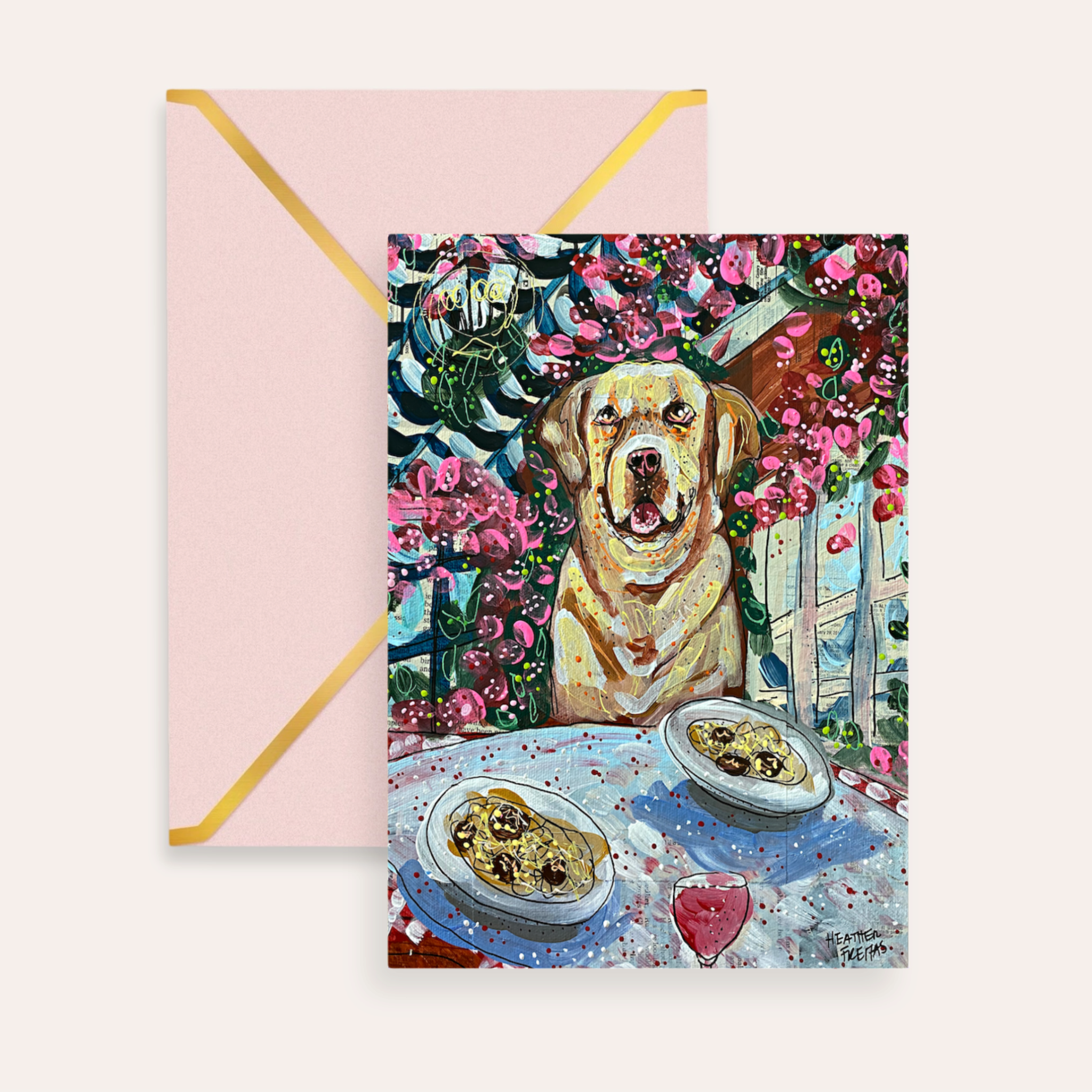 Yelllow Lab Dining Fine Art Greeting Card