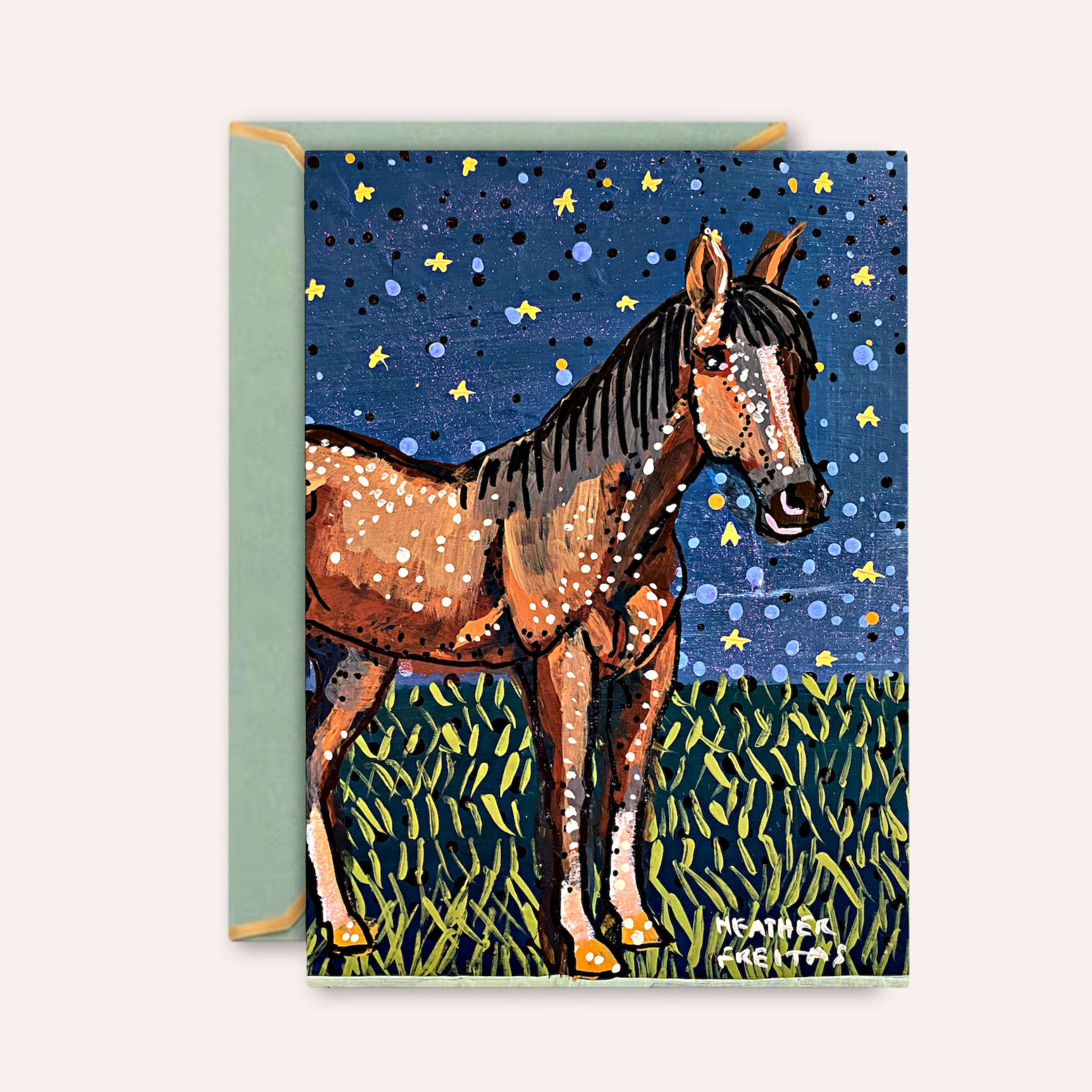 Brown Horse Starry Night Fine Art Greeting Card