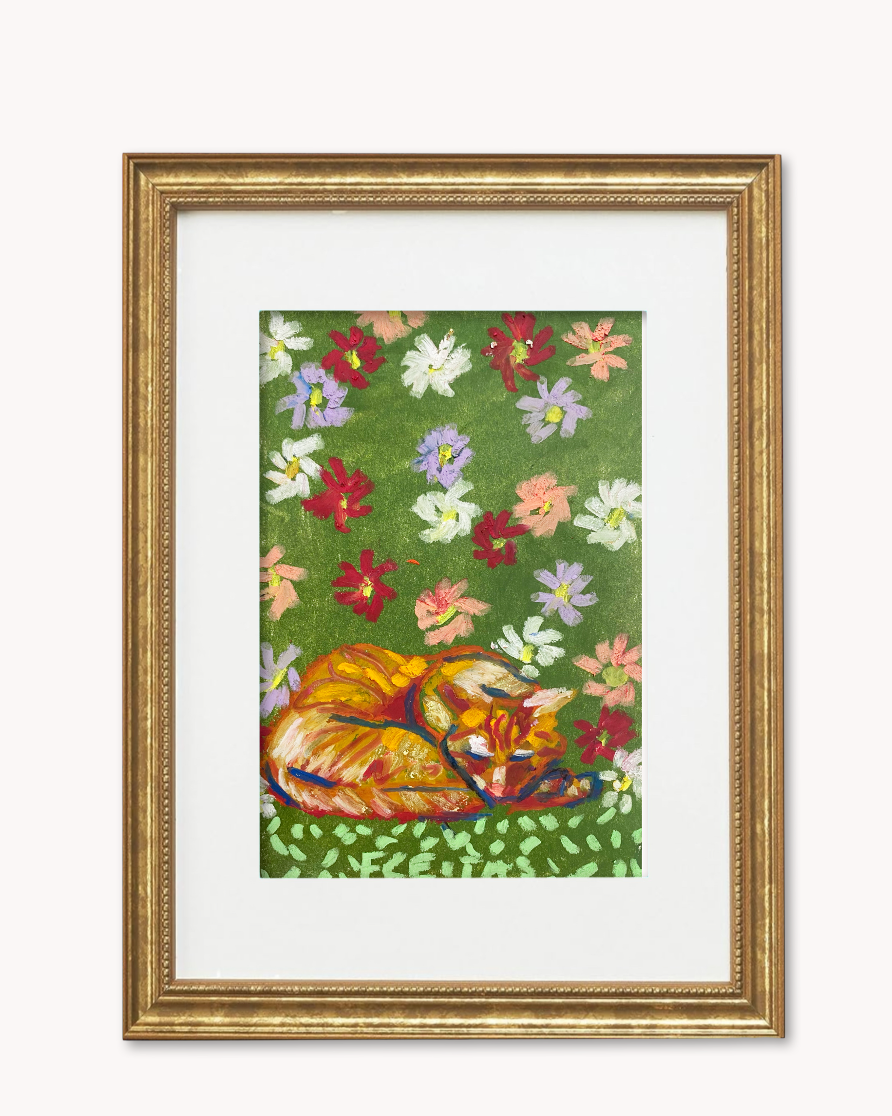 Tabby In Floral Field ( Framed Original Oil Pastel Art )