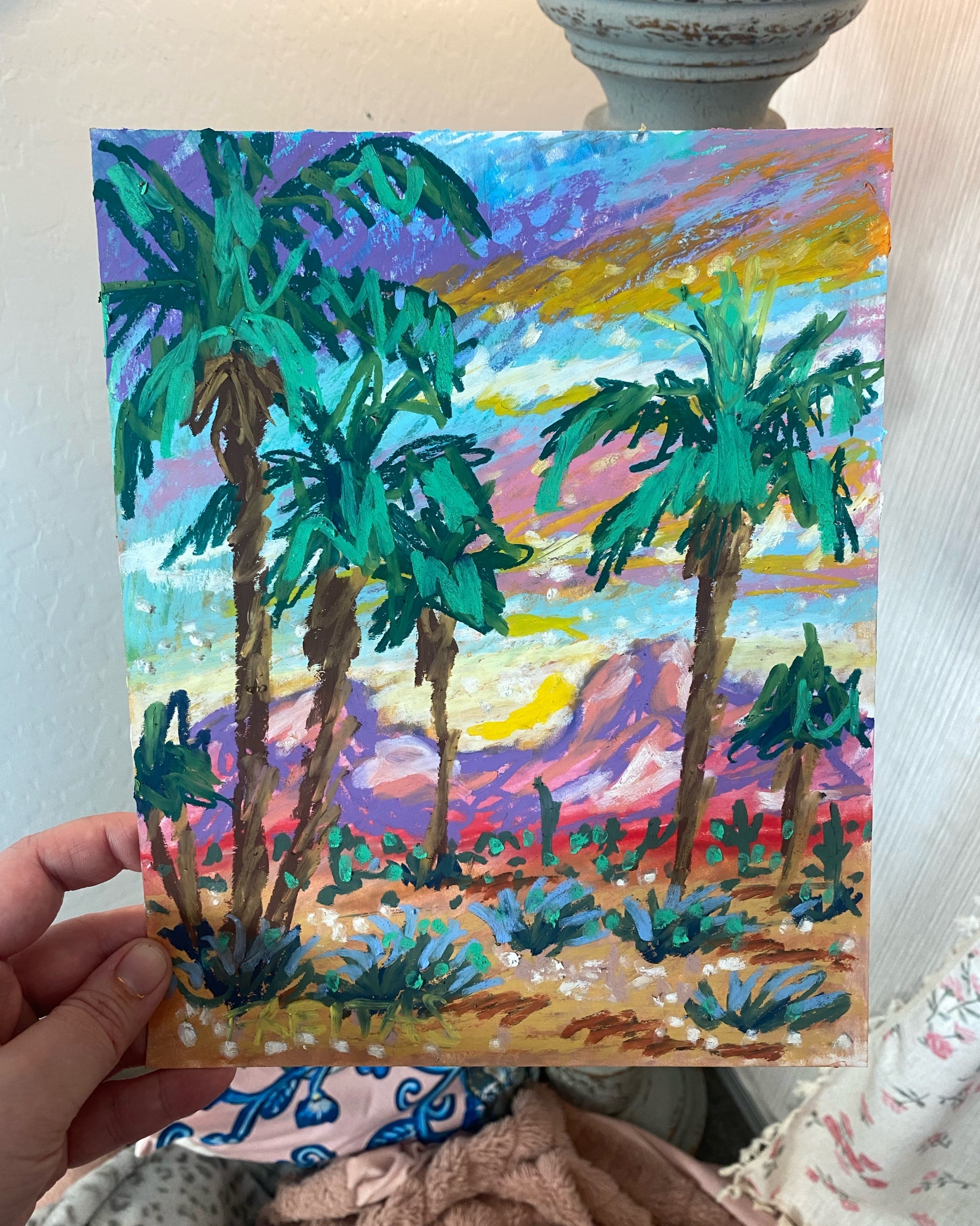 Desert Palms ( Framed Original Oil Pastel Art )