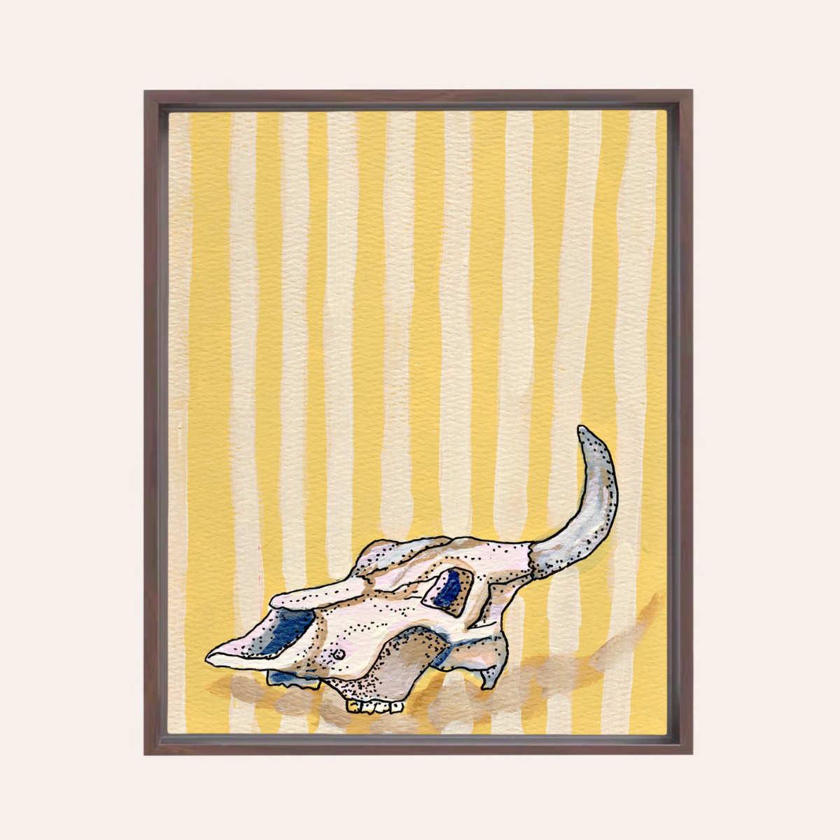 Yellow Stripe Cow Skull Framed Fine Art Canvas Print