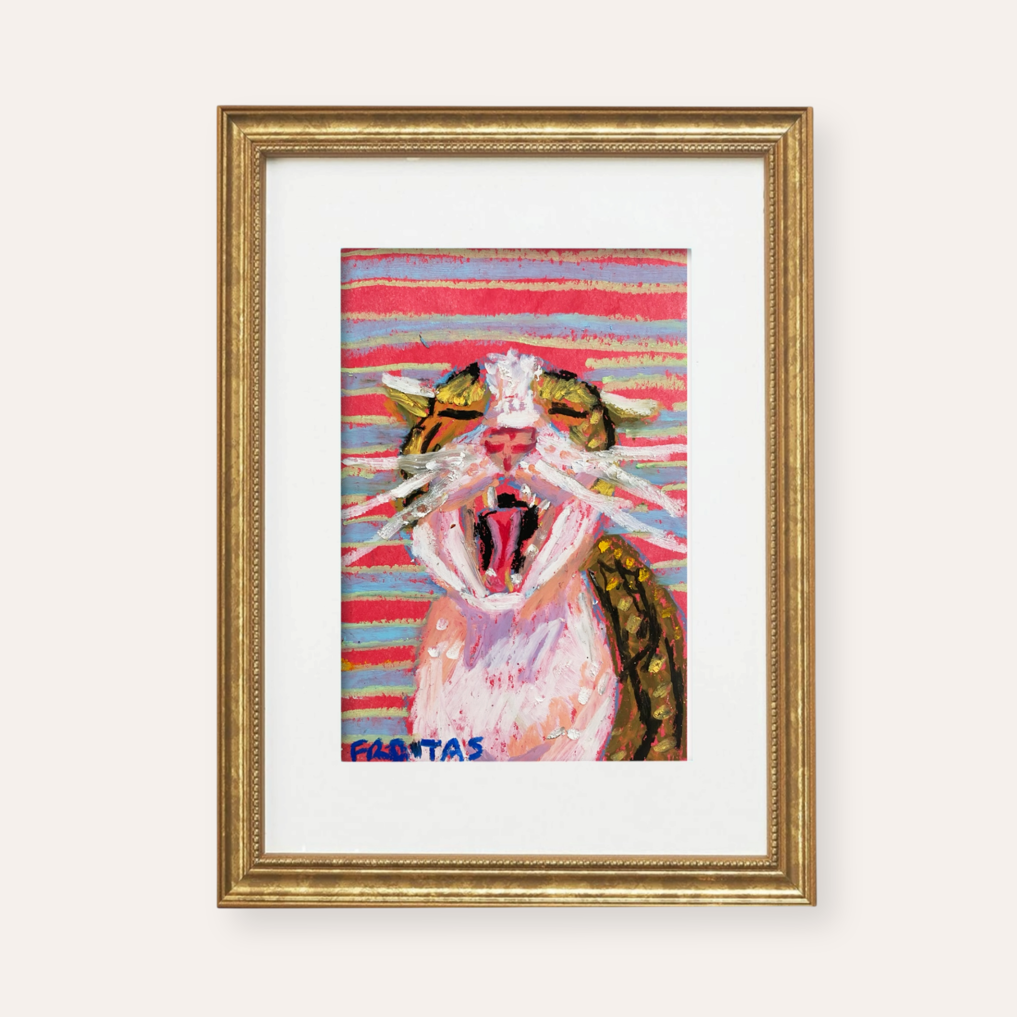 Big Yawn Cat ( Framed Original Oil Pastel Art )