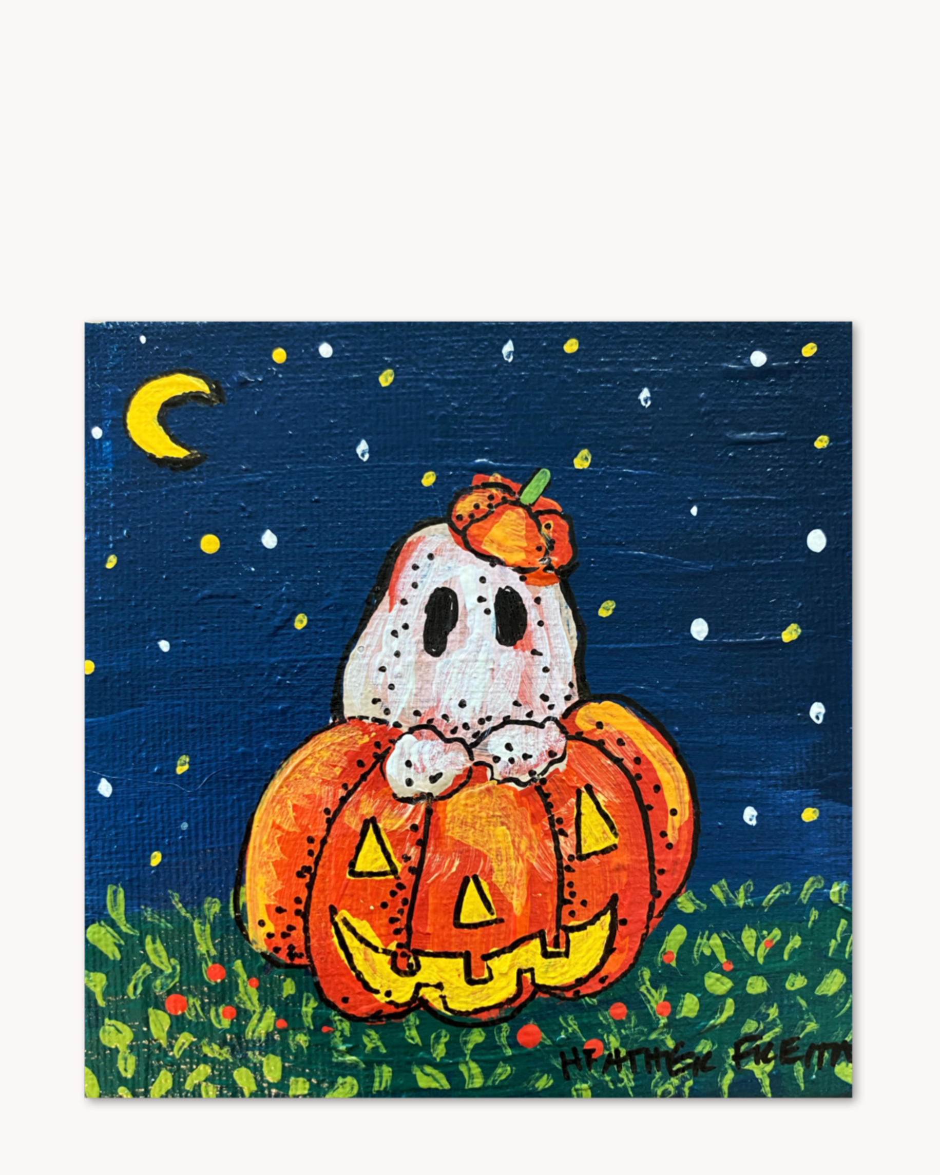 Halloween Bashful Ghost in Pumpkin ( Original Painting )
