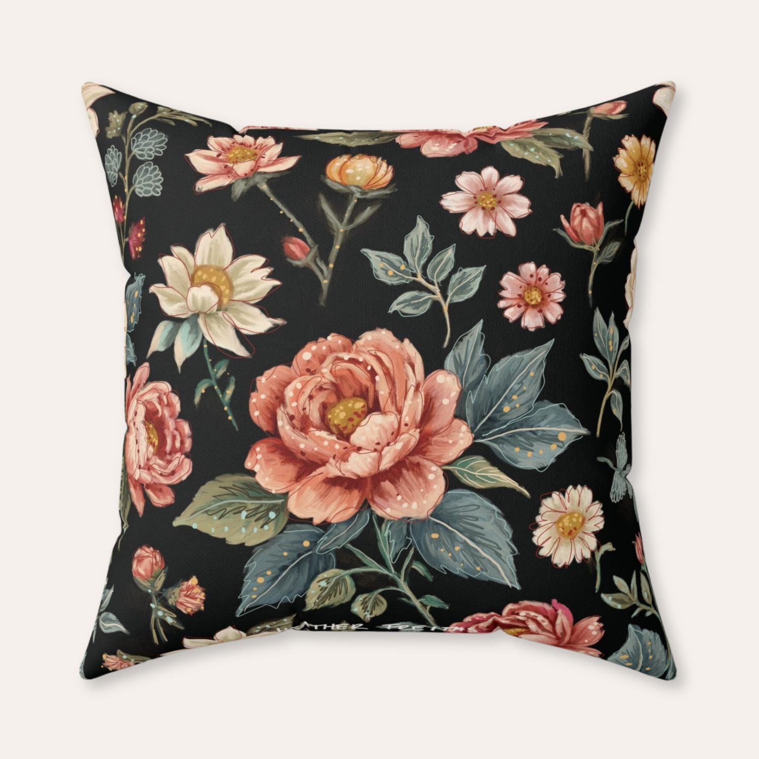 Black Vintage Flowers Velveteen Throw Pillow