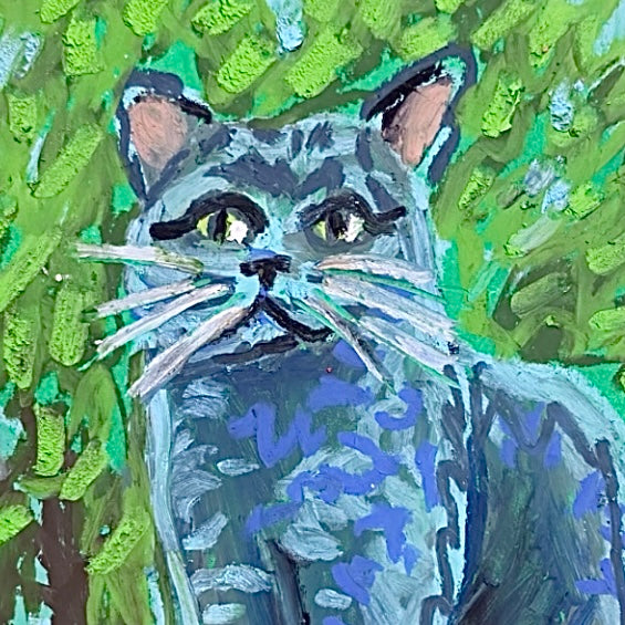Russian Blue Cat ( Framed Original Oil Pastel Art )