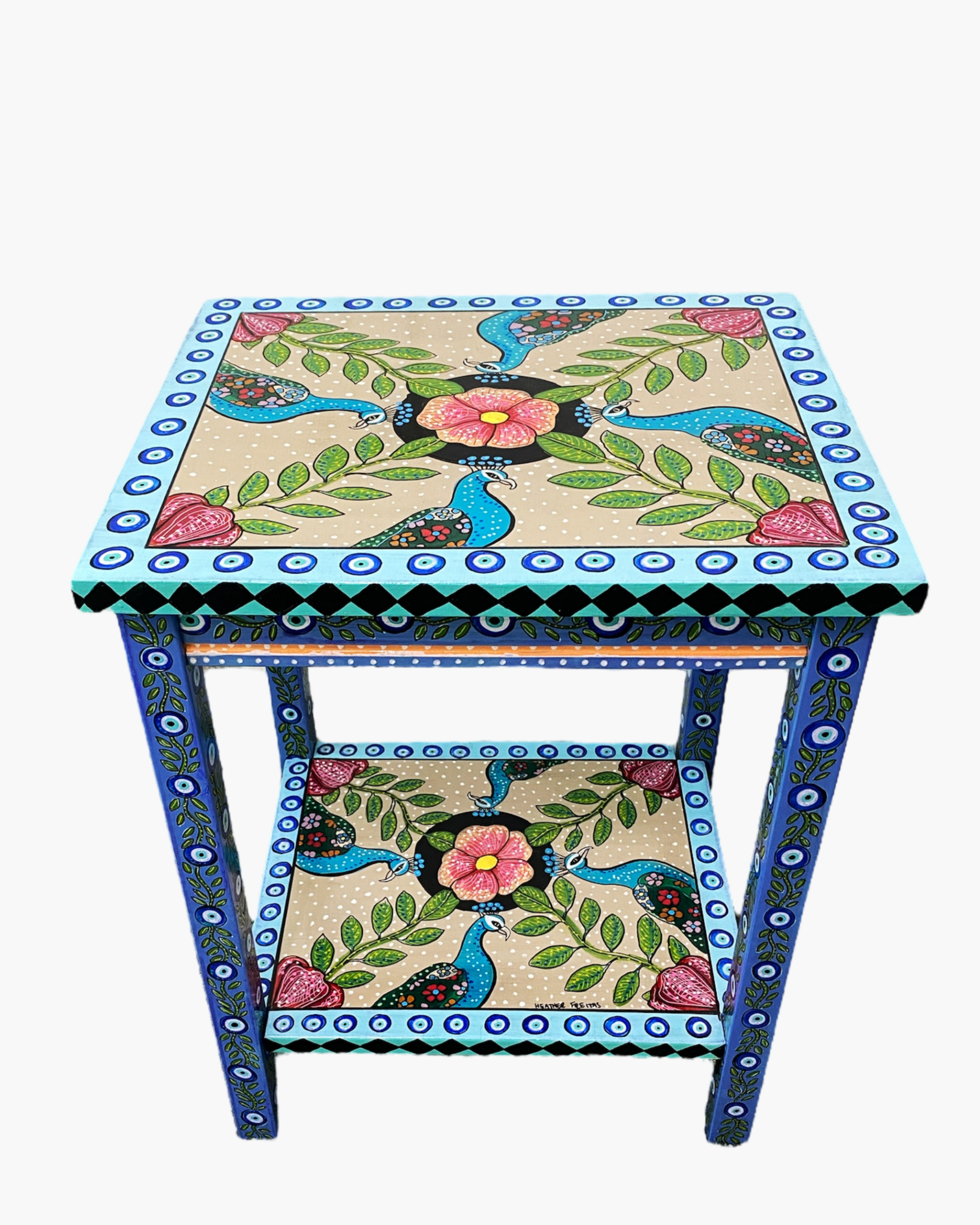 Evil Eye Peacock Hand Painter Accent Table