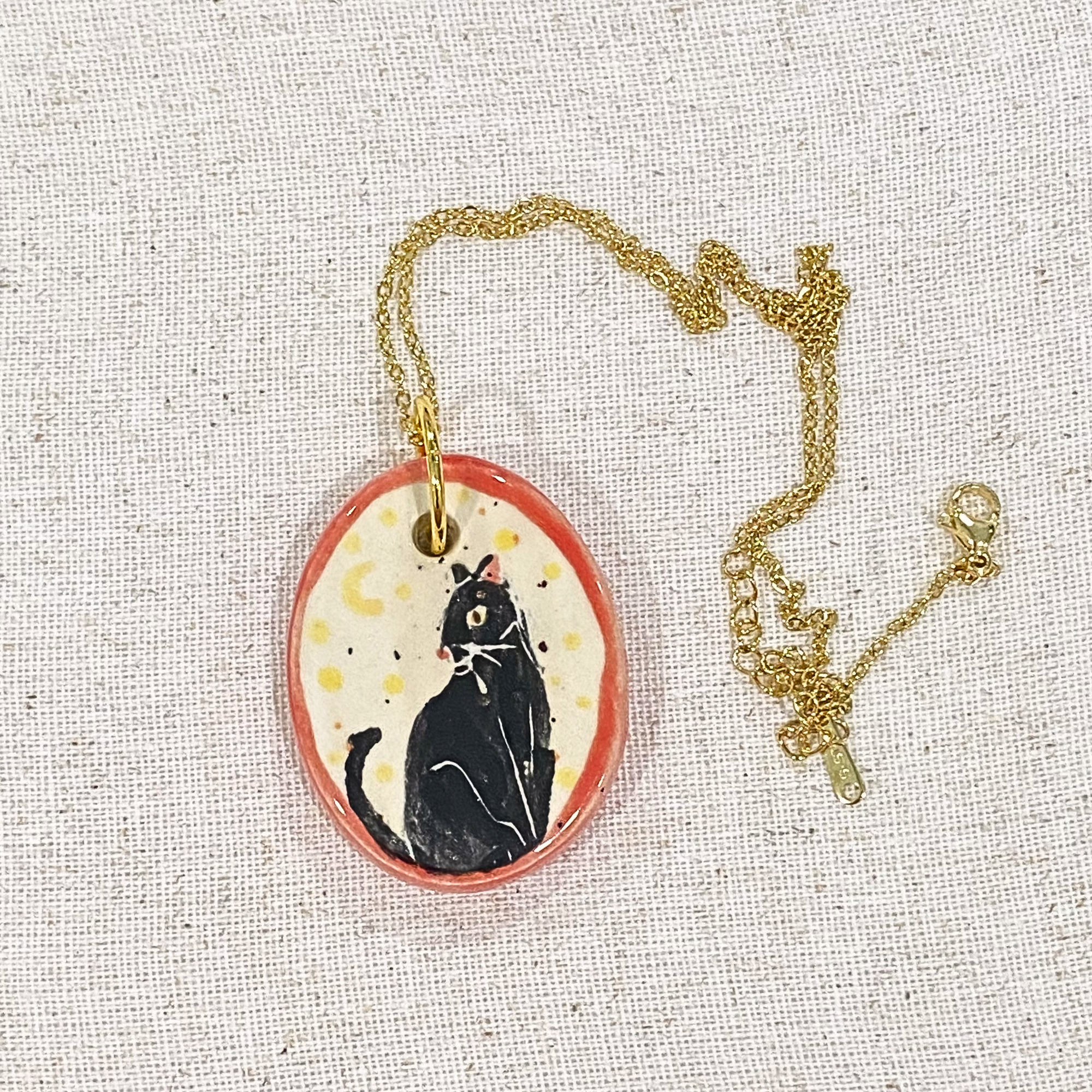 Black Cat Hand Painted Ceramic Necklace