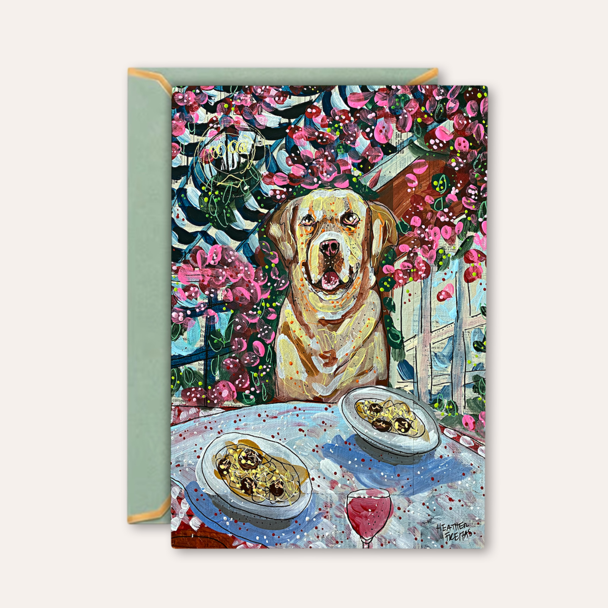 Yelllow Lab Dining Fine Art Greeting Card