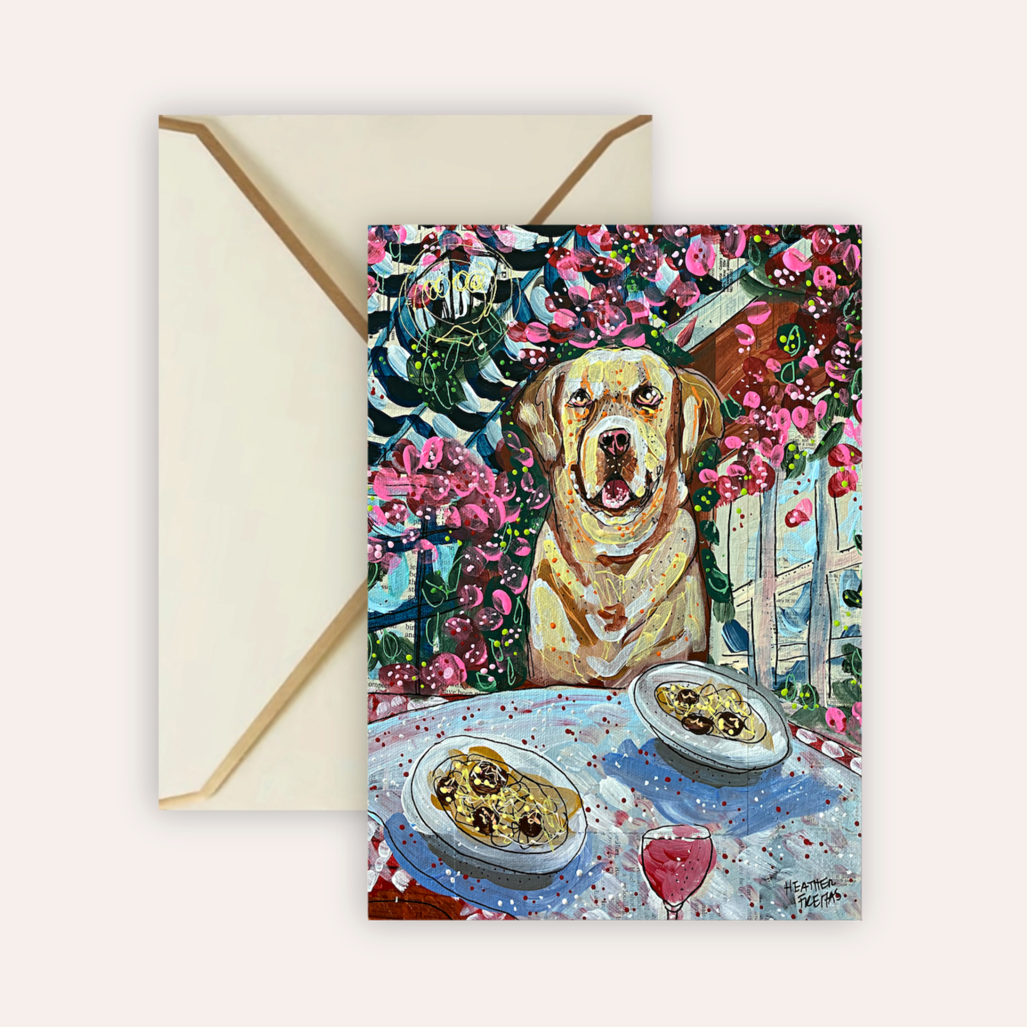 Yelllow Lab Dining Fine Art Greeting Card