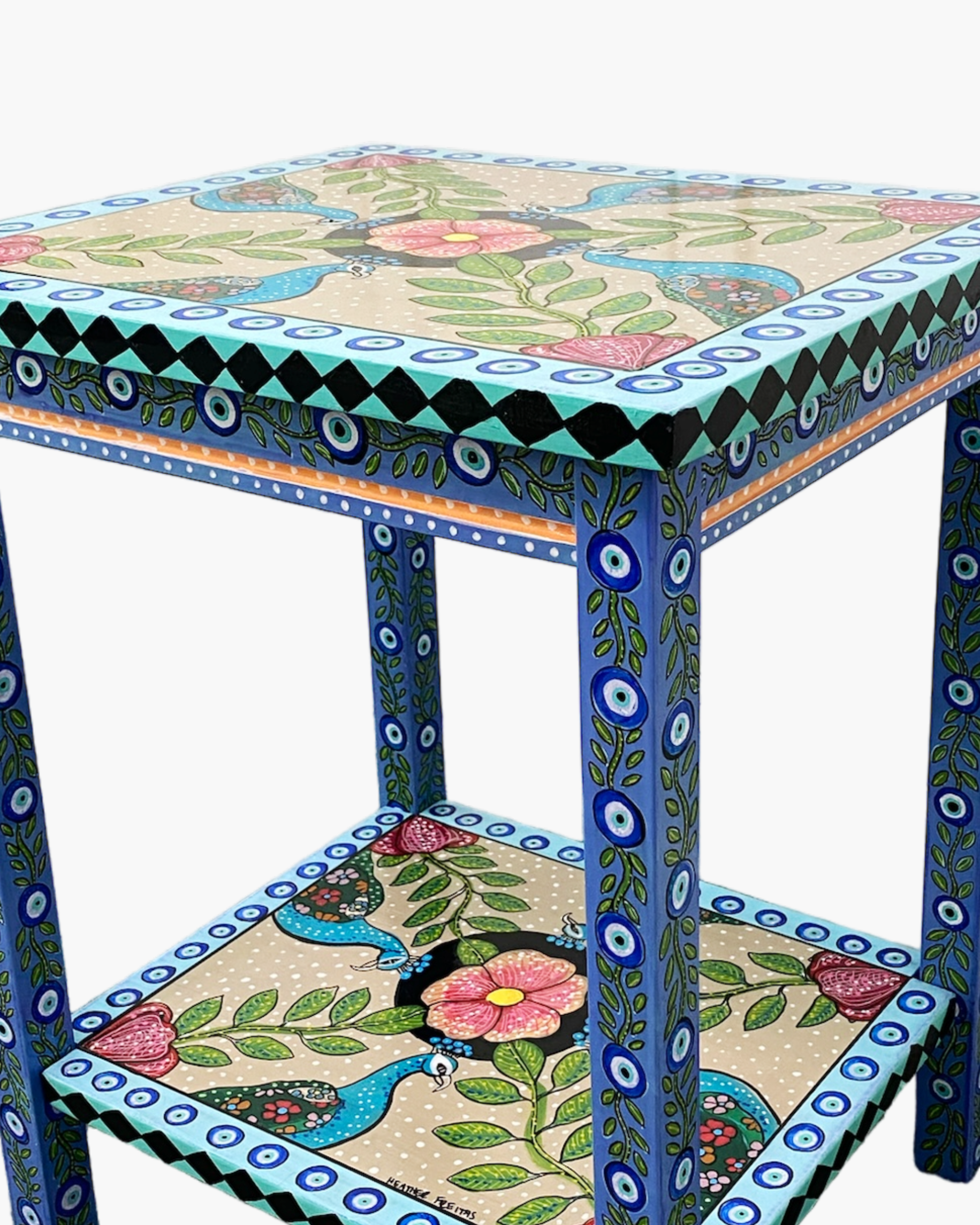 Evil Eye Peacock Hand Painter Accent Table