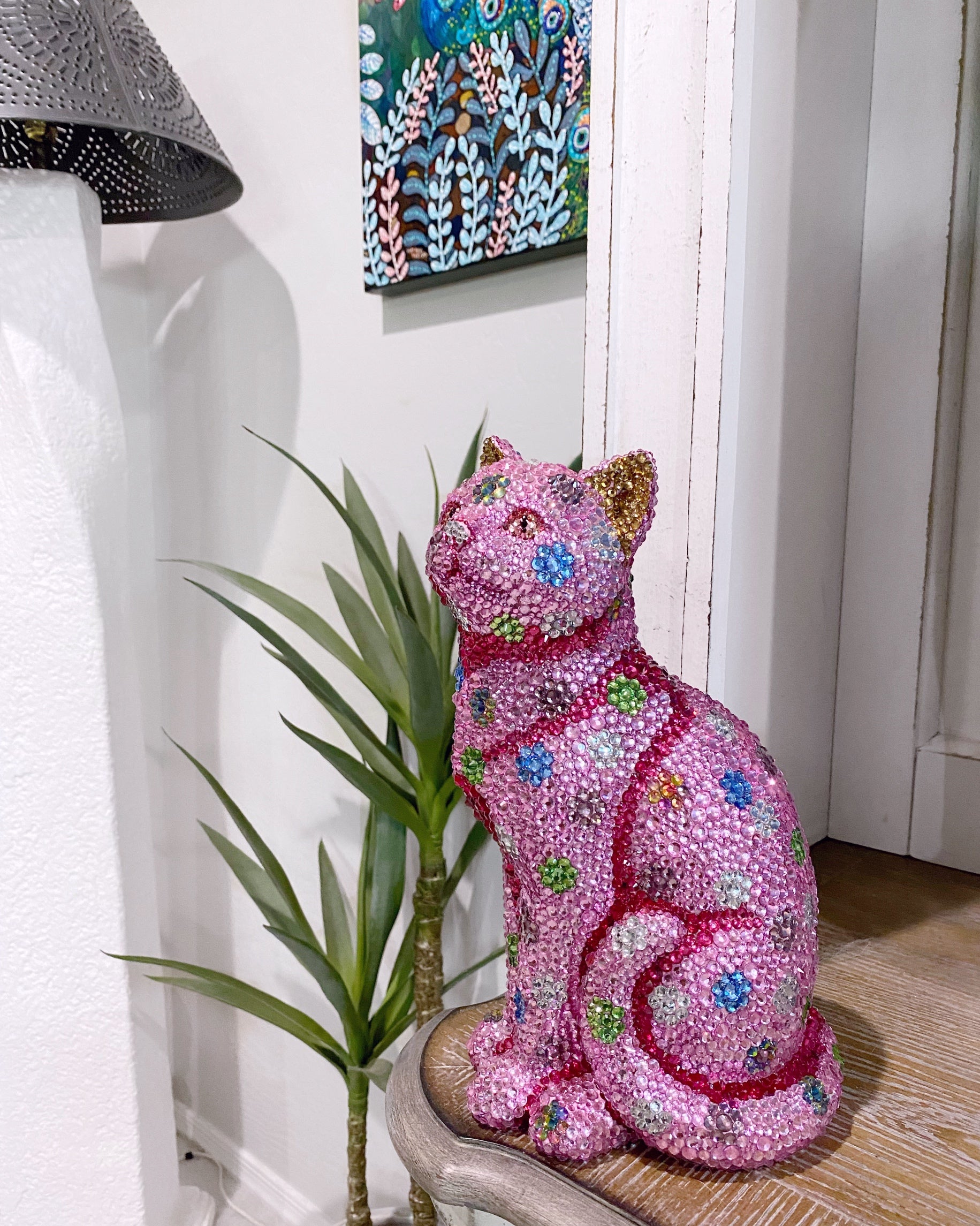 Pink Polka Dot Crystal Cat Sculpture