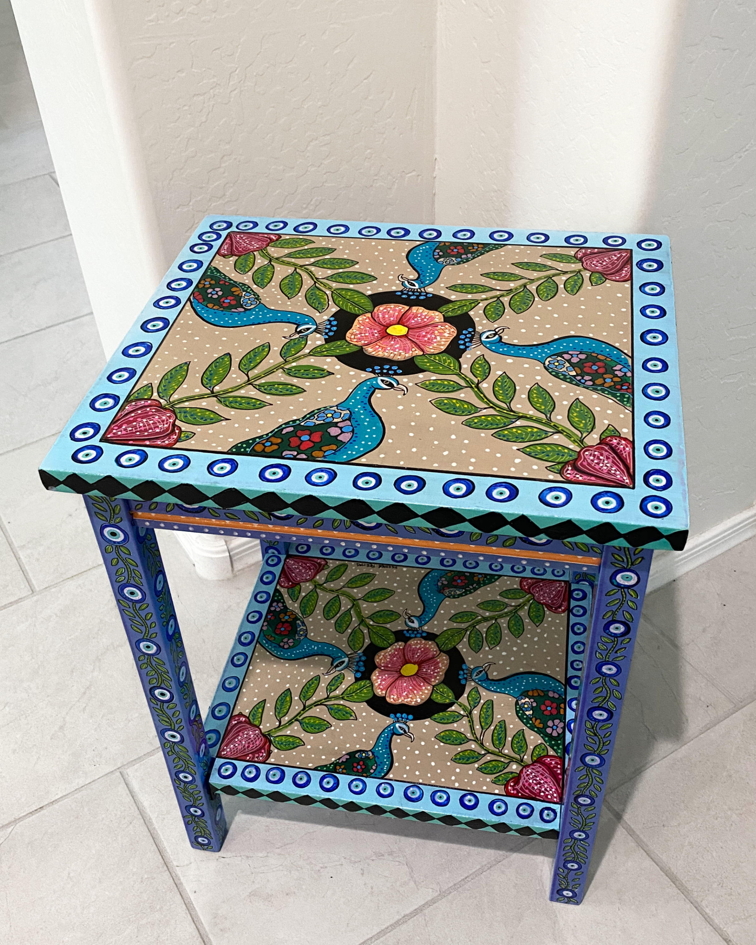 Evil Eye Peacock Hand Painter Accent Table