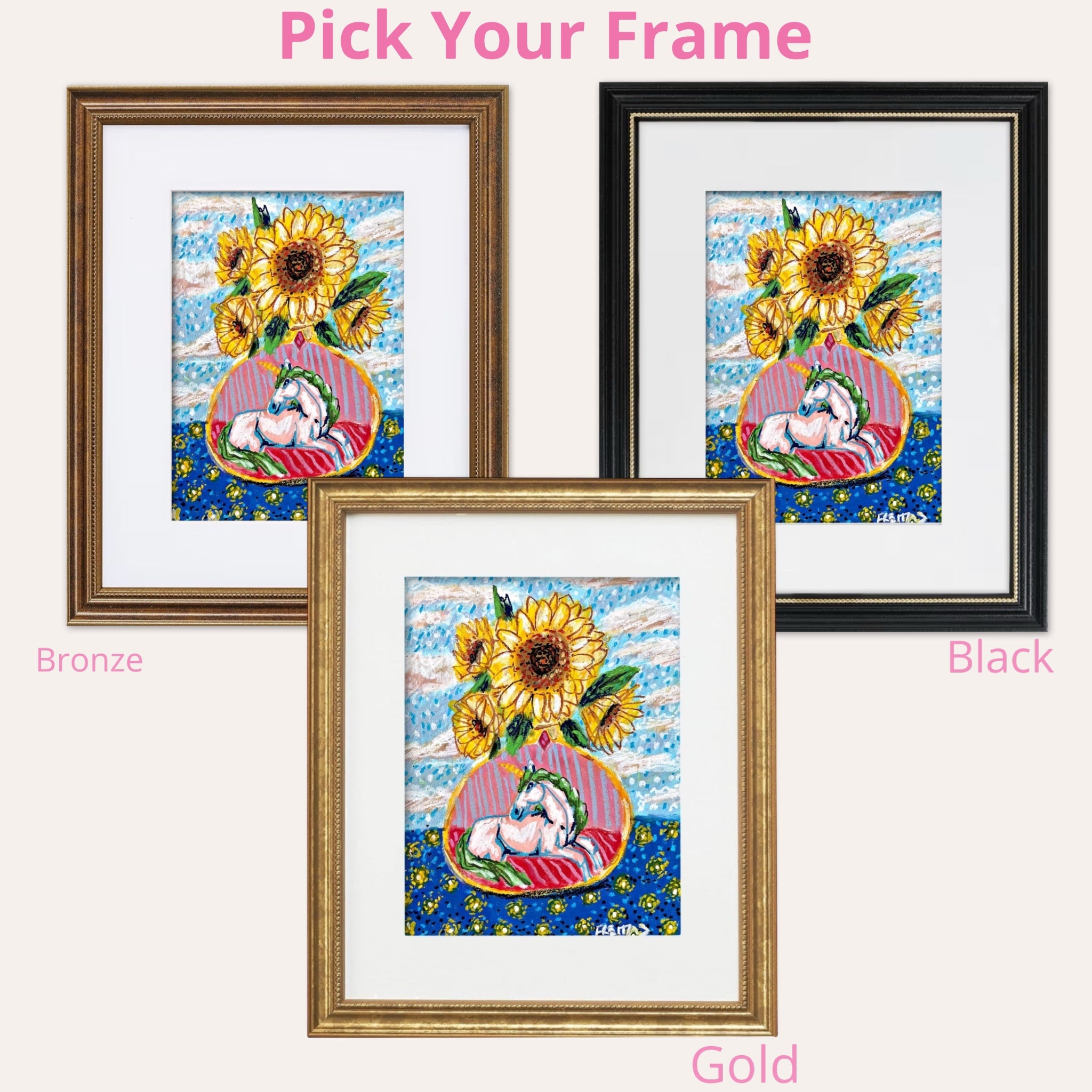 Daylight To Dusk Unicorn Vase ( Framed Original Oil Pastel Art )