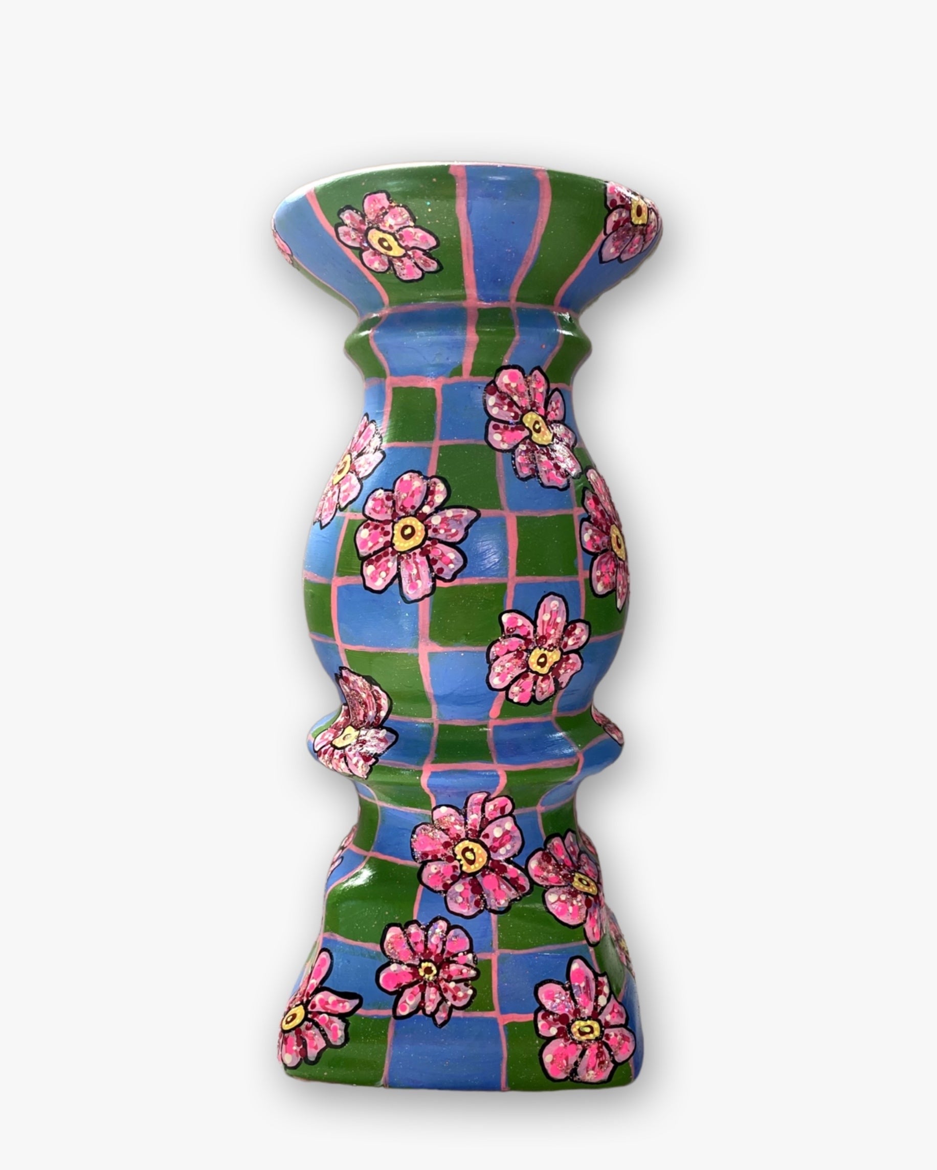 Daisy Checkered Hand Painted Candler Holder Set