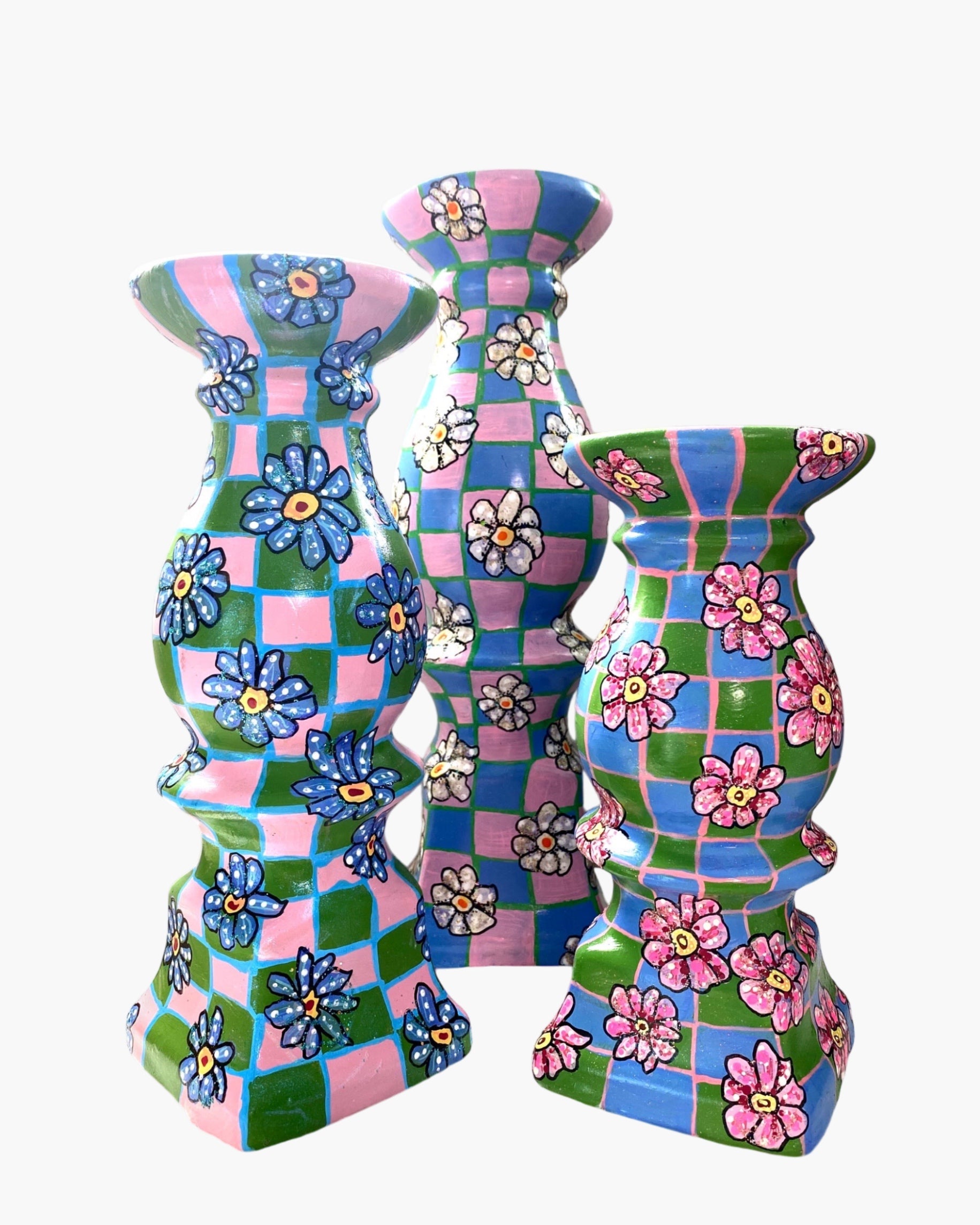 Daisy Checkered Hand Painted Candler Holder Set