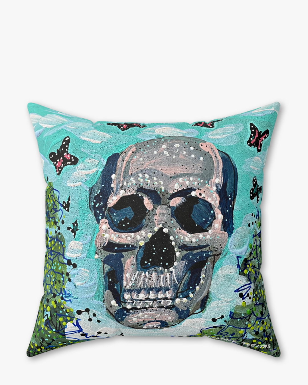 Butterfly Skull Faux Suede Pillow - Heather Freitas - fine art home deccor