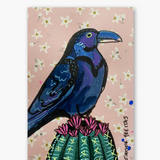 Blush Floral Raven On Cactus ( Original Painting )