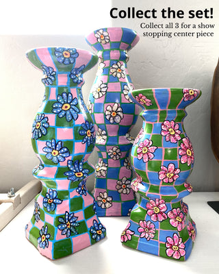 Pink & Blue Daisy Checkered Hand Painted 12 inch Candle Holder