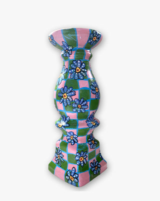 Pink & Green Daisy Checkered Hand Painted 10 inch Candle Holder