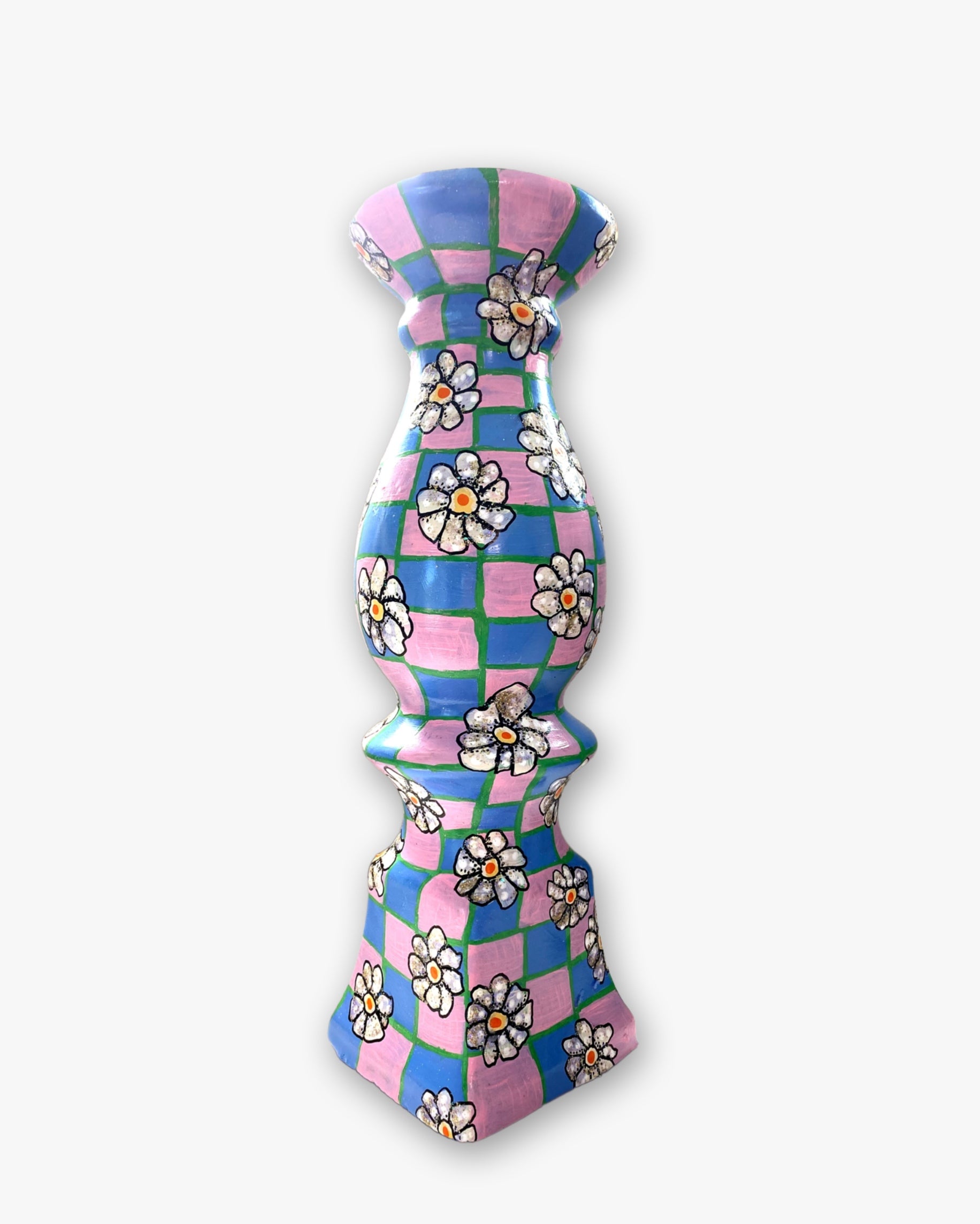 Daisy Checkered Hand Painted Candler Holder Set